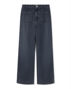Jean femme en denim 100% coton couleur bleu foncé, coupe large et droite avec poches avant carrées, idéal pour toutes les morphologies.