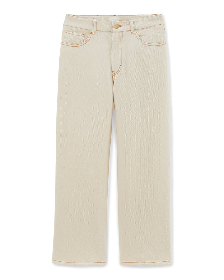 Jean droit en denim écru 100% coton avec une coupe confortable et un tombé fluide, idéal pour femme cherchant un pantalon à la fois élégant et décontracté.