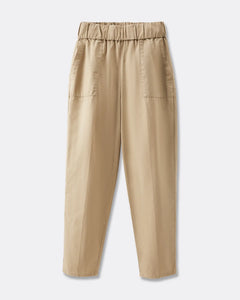 Pantalon femme en popeline couleur praline, coupe droite et confortable avec taille élastiquée, idéal pour un look décontracté et élégant en coton léger.