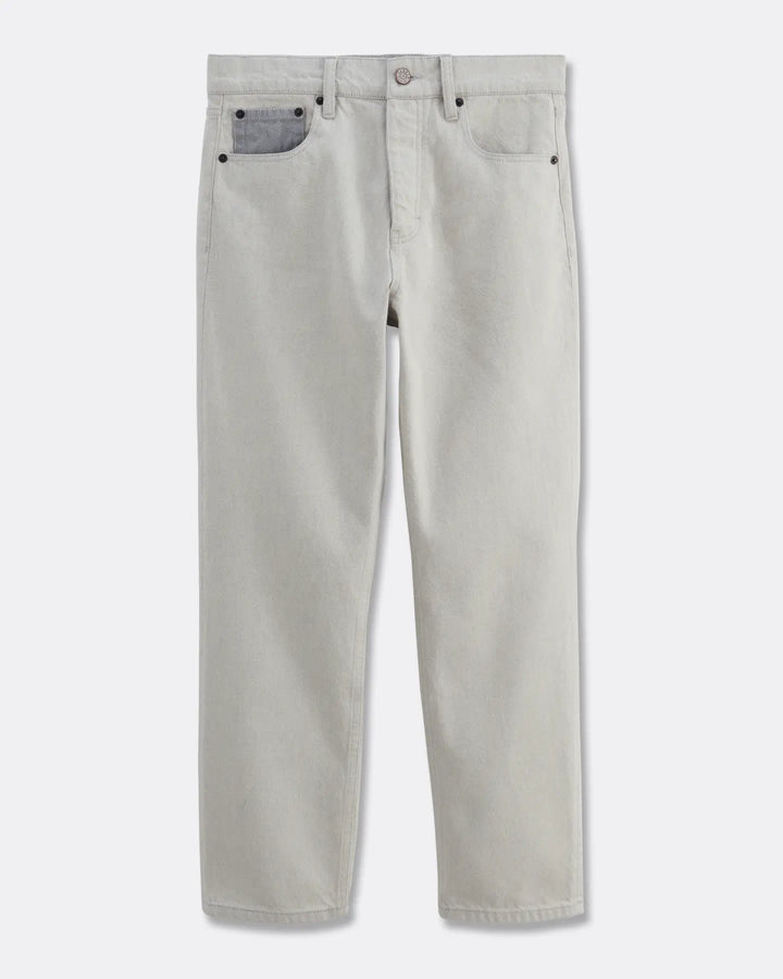 Jean droit en denim non teinté de couleur granit clair, 100% coton, coupe adaptée à toutes les morphologies féminines pour un confort optimal.
