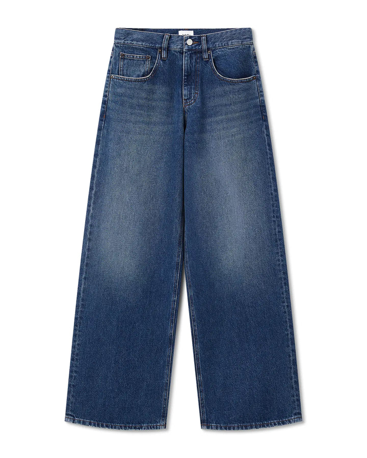 Jean large en denim bleu stone mid-blue, coupe droite et taille moyenne, 100% coton, idéal pour femme recherchant confort et style décontracté.